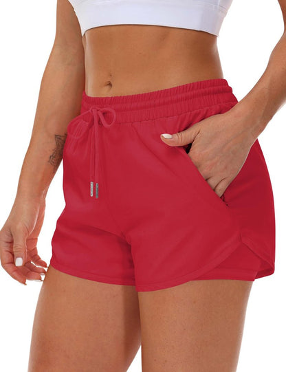 Mancreda Women's Running Shorts with Liner 3 Zipper Pockets Elastic Workout Athletic Gym Yoga Shorts(RD,S) Red