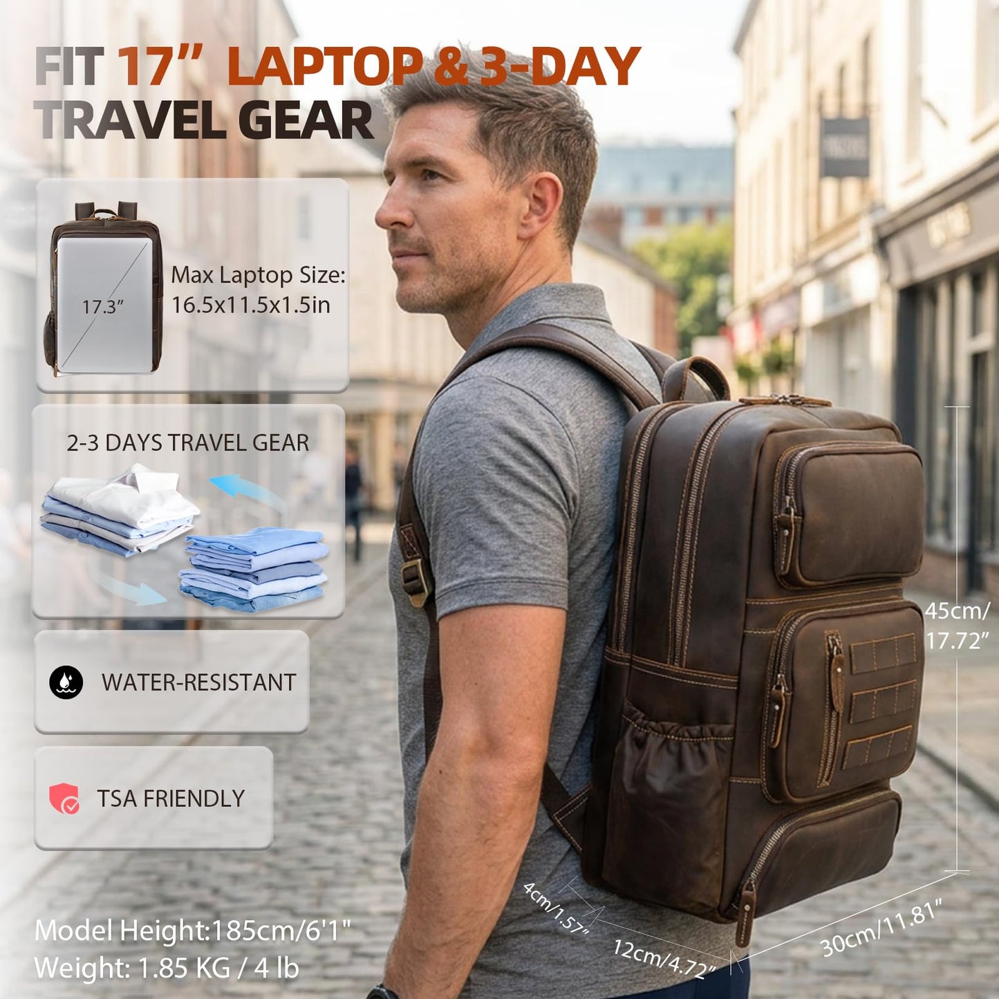 Full Grain Leather Backpack for Men, 17” Laptop Shoulder Bag, Large Capacity Travel Business Rucksack with YKK Zippers, Ergonomics S-Shape Padded Straps, Multi Pockets, Water Bottle Pocket, Brown