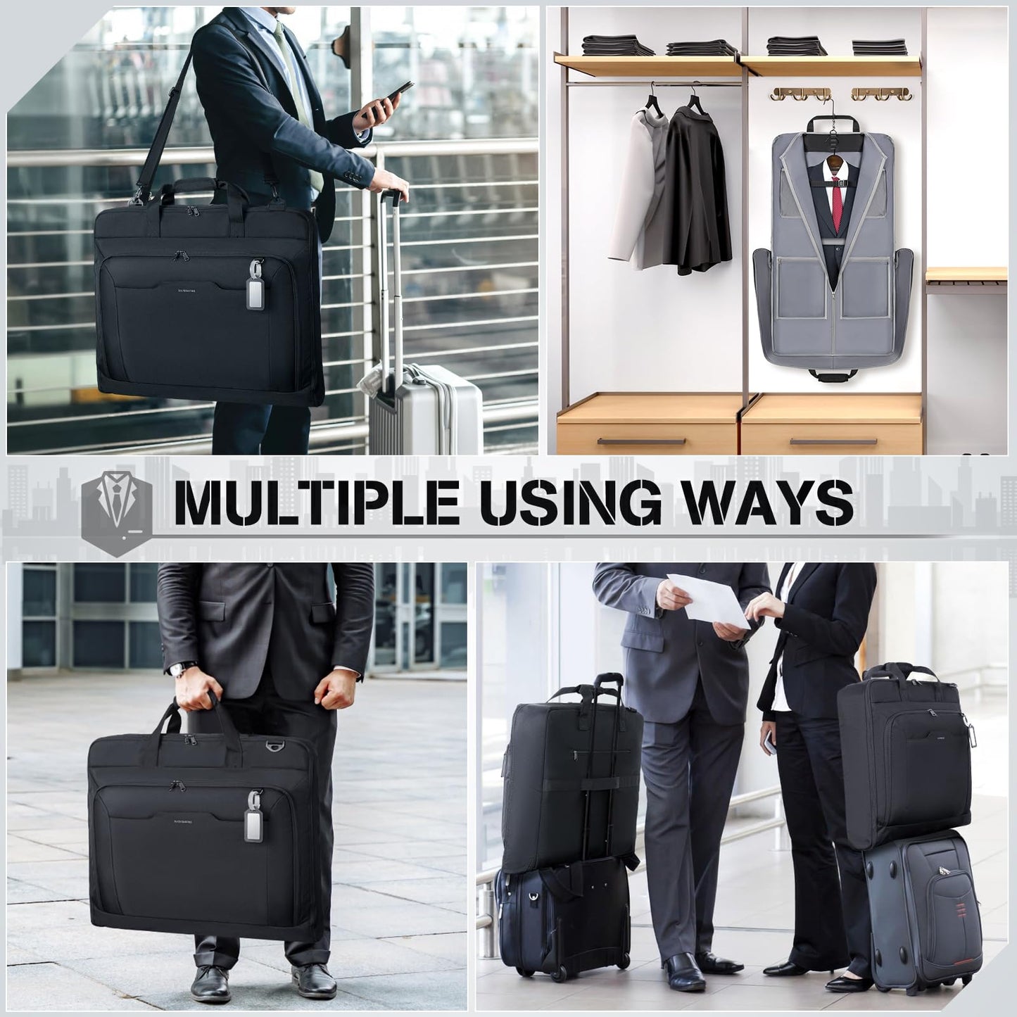RAINSMORE Garment Bags for Travel Carry On Garment Bag for Hanging Clothes, Suit Bag for Business Trips with Shoes bag & Shoulder Strap, Waterproof Foldable Suit Luggage Bag for Men Women, Black
