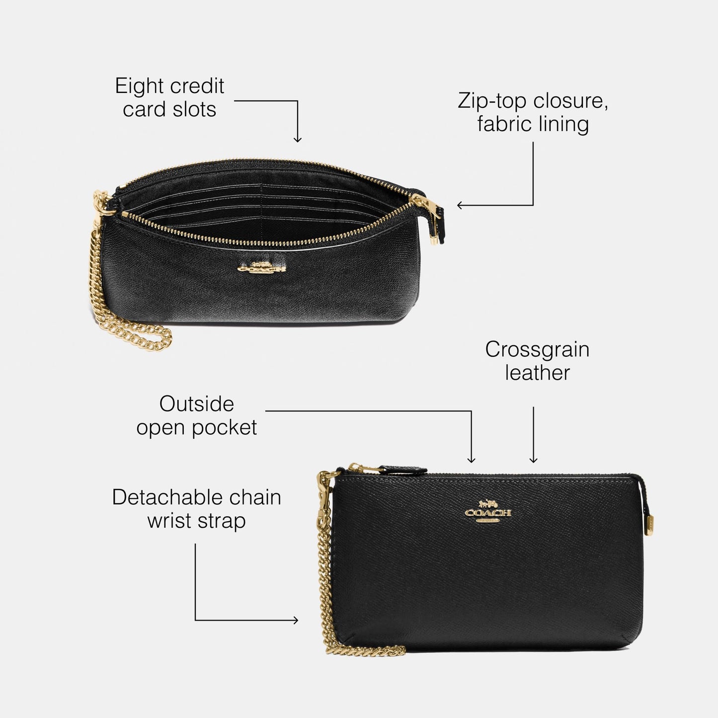 COACH Crossgrain Leather Wristlet w Chain