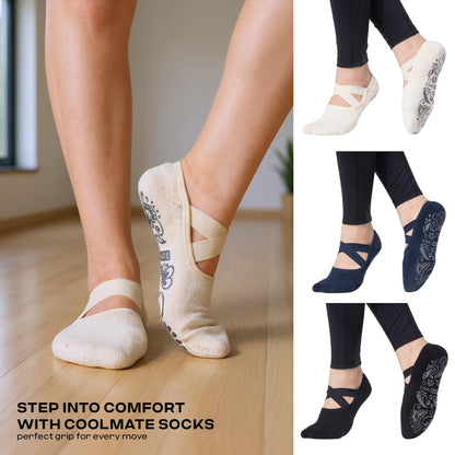 CoolMate Pilates Socks with Grips for Women, Yoga Socks, Crew Non Slip Women for Workout, Barre, Pilates Gifts