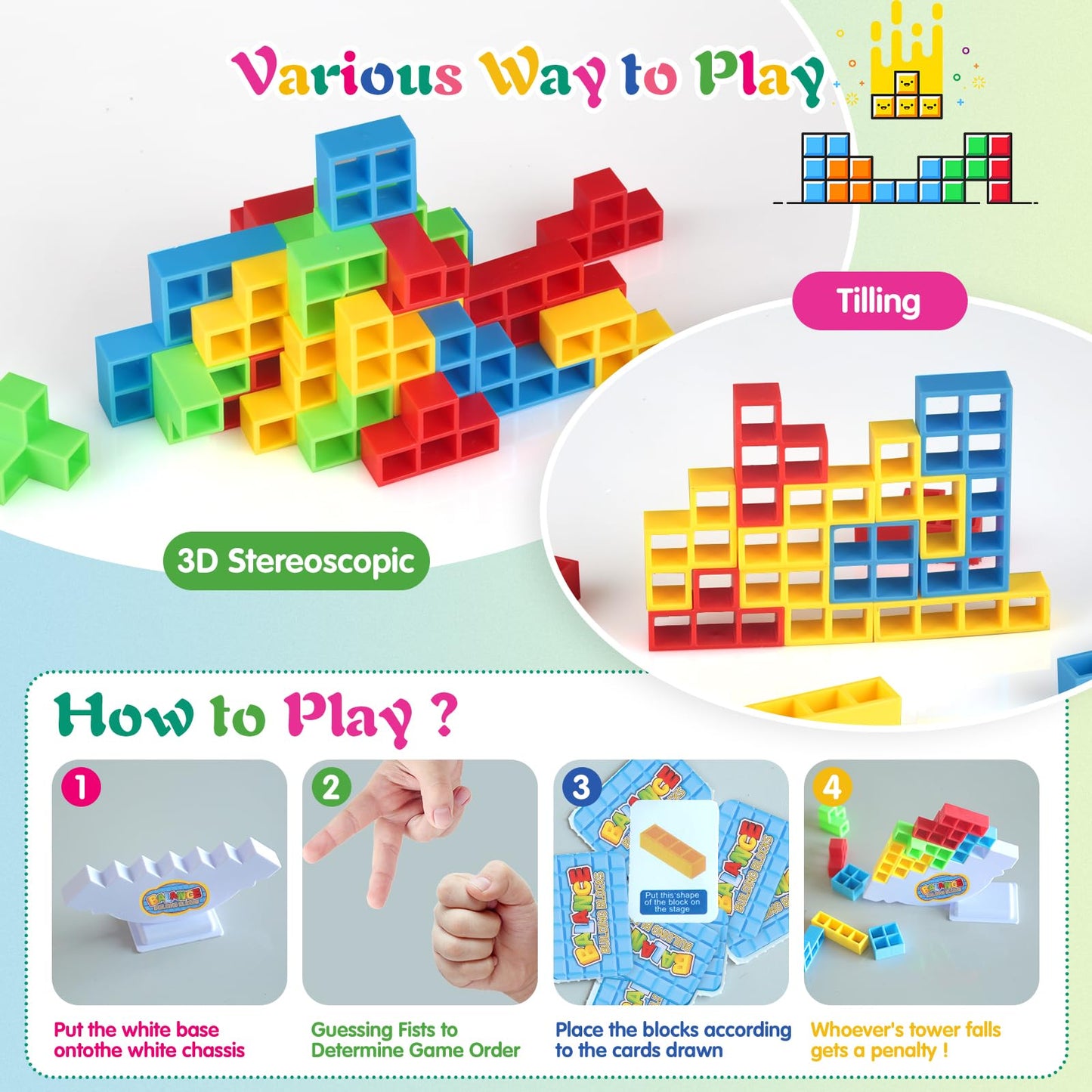 LIMYIOM 64Pcs Tetra Tower Game, Family Board for 2 Players Family Games, Building Blocks Stacking Balance Games Toys for Kids, Adults, Friends, Classroom, Family and Travel Party