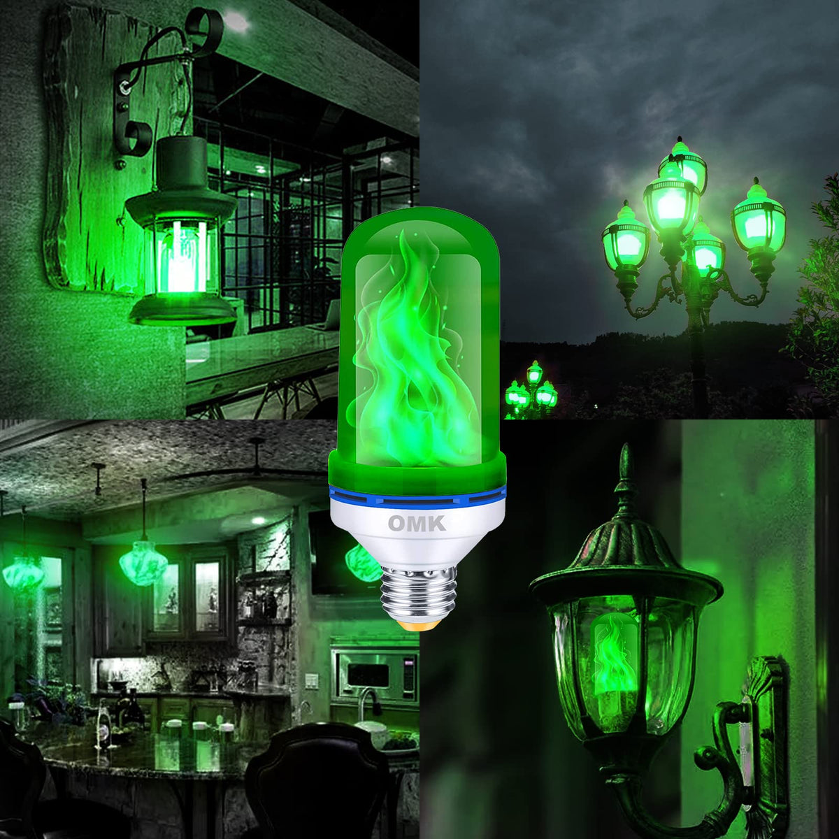 OMK Green Led Flame Light Bulb LED Christmas Decorations Fire Light Bulbs - Upgraded Halloween Bars Porch Light Bulb Flickering Fire LED Lamps for Indoor/Outdoor/Holiday Decoration Gifts