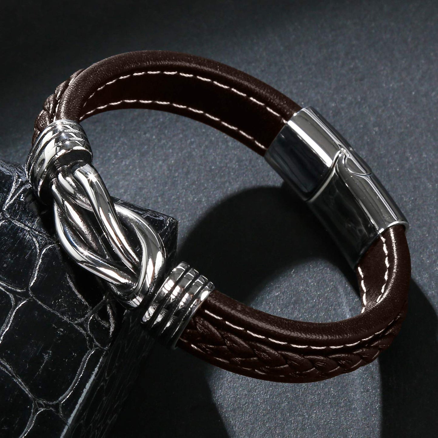 LJWVX Mens Leather Bracelet,Braided Leather Wristband Cuff Bracelets Stainless Steel Clasp,Jewellery Gift for Men Brown 8.5inch