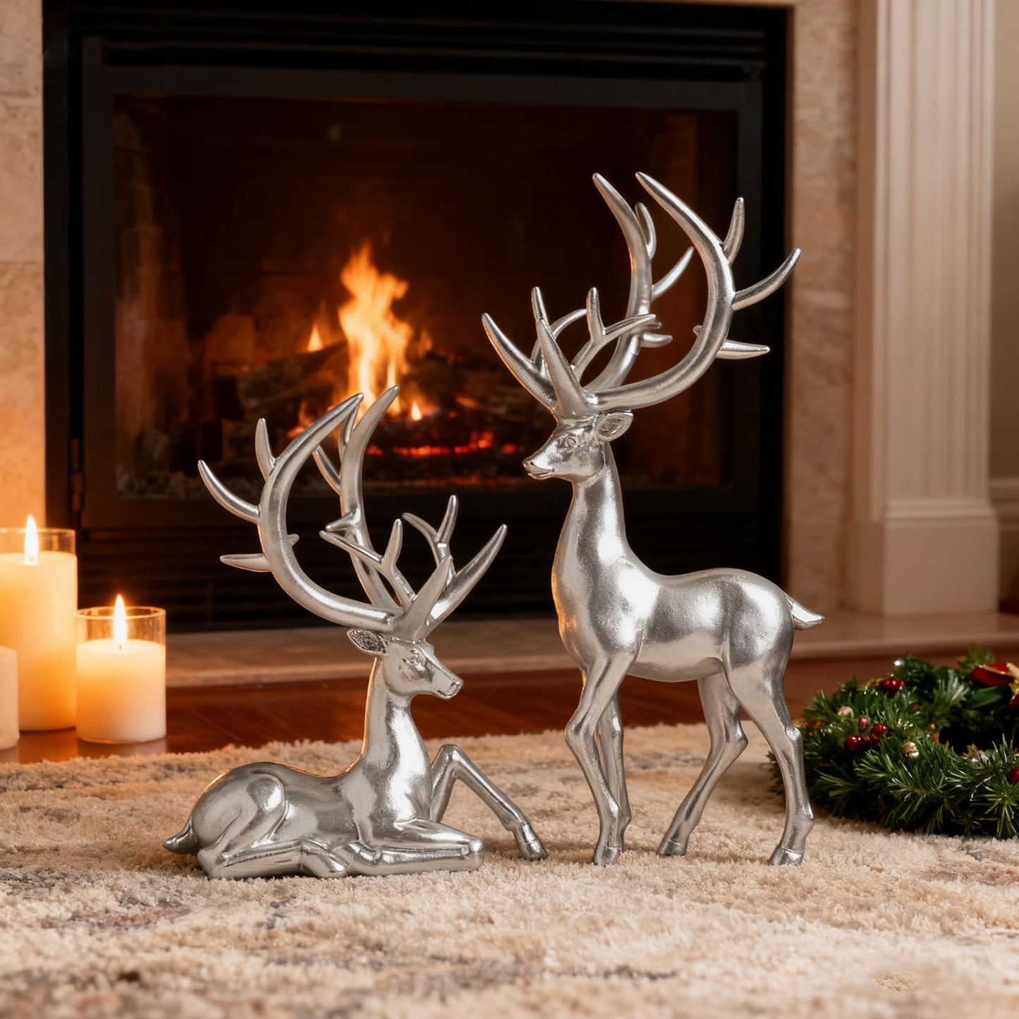 Zensounding 2PCS Christmas Reindeer Resin Sculptures Deer Ornaments Reindeer Statues Light Luxury Casual Shape Suitable for Indoor or Outdoor Country Style Christmas Home Decoration (Silver)