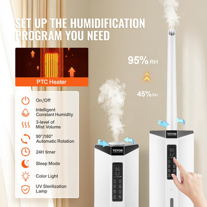 VEVOR Humidifier for Home Large Room, Commercial Humidifier for Whole House 1291.7 sq ft, 16L Water Tank & Night Light & 12h Timer & Auto Shut-Off, Greenhouse, Commercial Branch Tube w/ 360° Nozzle