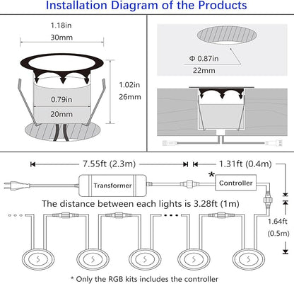 LED Outdoor Deck Lights with Photocell, RGB Φ1.18in Low Voltage 12V DC IP67 Waterproof, Remote Dimmable Multi Color Change, Electric Wired Recessed Stair Step Landscape Lighting, 8 Pack Black