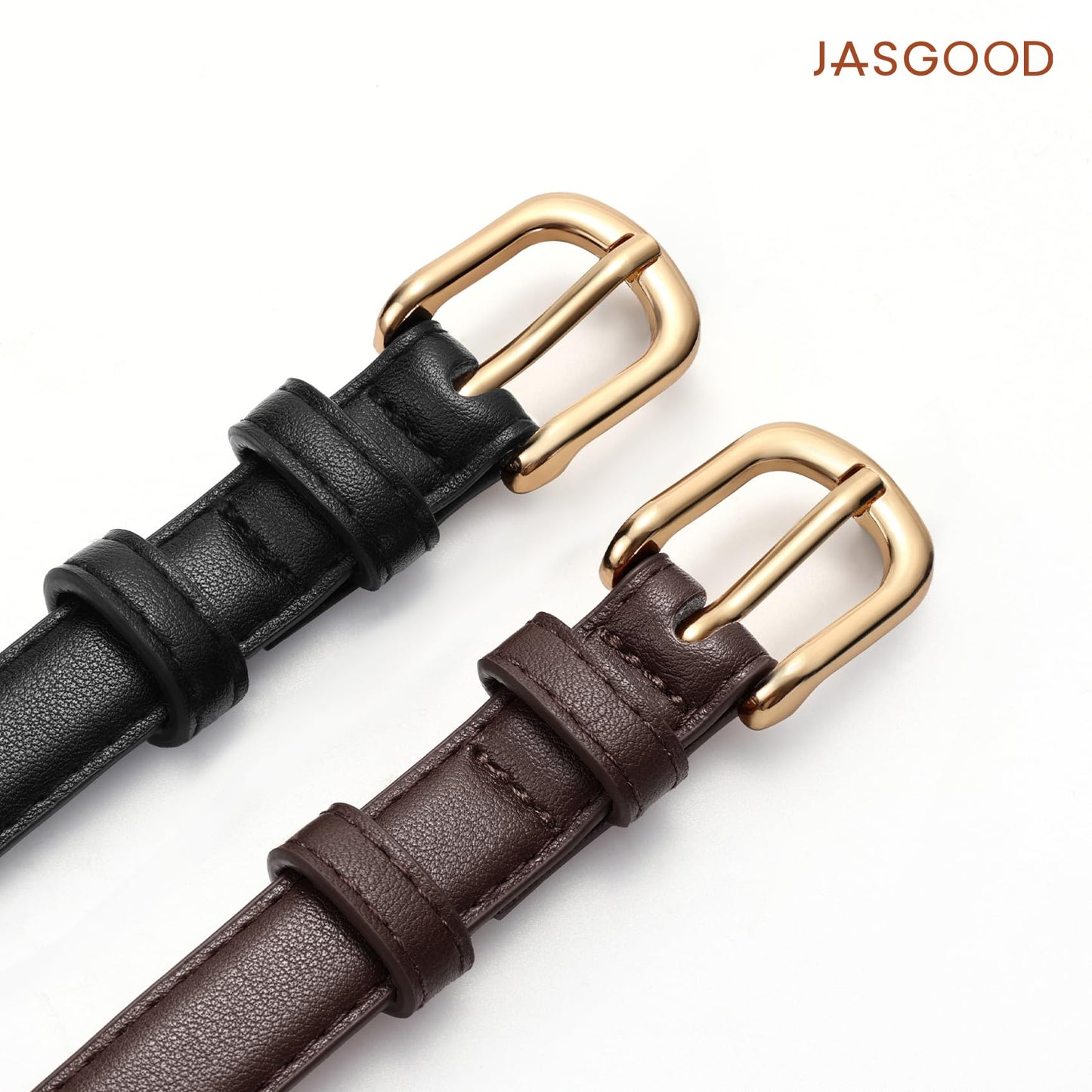 JASGOOD 2 Pack Women Skinny Belt with Gold Buckle Fashion Faux Leather Thin Belt for Jeans Pants,Black+Dark Brown