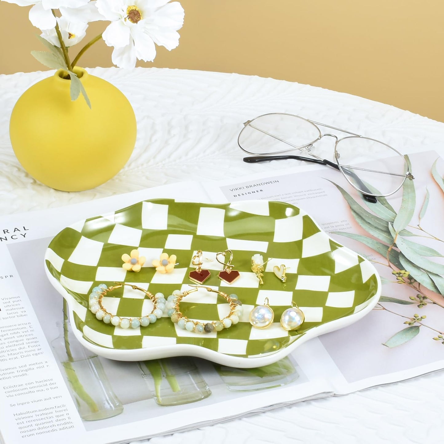 Koythin Jewelry Tray, Ceramic Jewelry Dish Trinket Tray Organizer, Checkered Pattern Aesthetic Decorative for Kitchen, Bathroom (Green Plaid)