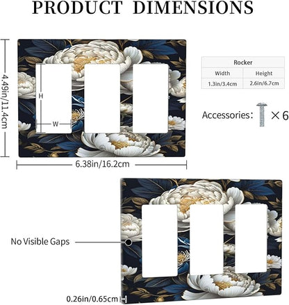 White Gold Blue Flower 3 Gang Rocker Triple Outlet Wall Plate Decorative Switchplate Cover Faceplate GFCI Light Switch Covers for Farmhouse Living Decor