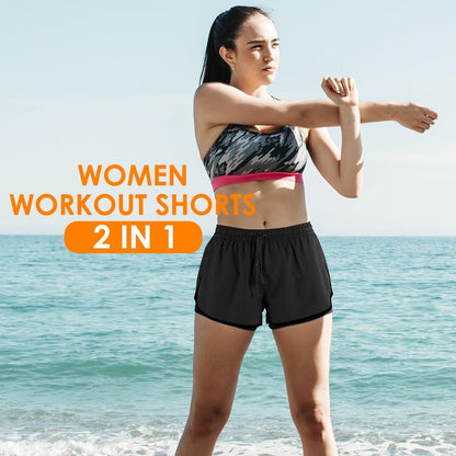 Yevrimow Women's 2 in 1 Running Shorts for Gym Yoga Workout Athletic Shorts High-Waisted Shorts with Liner Pockets Yellow-M
