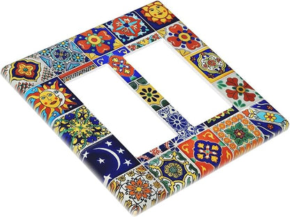 Traditional Colorful Talavera Mexican Spanish Moroccan Tiles Double Rocker Light Switch Cover 2 Gang Wall Plate Covers Decorative Electrical GFCI Outlet Plates for Home Bathroom Kitchen Decor