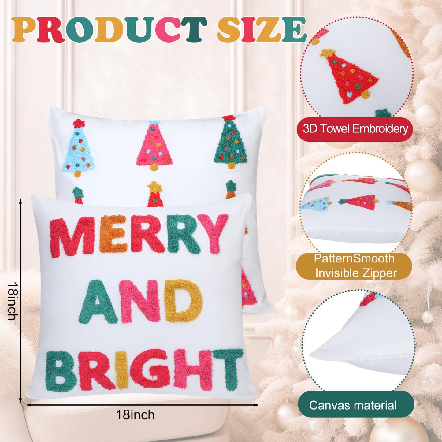 Remagr 2 Pcs Merry and Bright Christmas Tree Pillow Covers Pink Embroidered 18 x 18 Inches 3D Pillow Covers Decorative for Winter Xmas Home Bedroom Sofa Decor