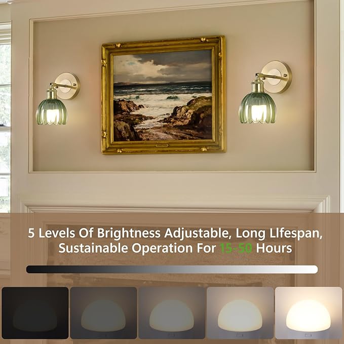 Vintage Battery Operated Wireless Wall Sconces, Rechargeable Gold Wall Lights，Green Tulip Glass Lampshad With Remote Dimmable Wall Lighting Indoor, Led Wall Lamp Fixtures For Bedroom, Living Room