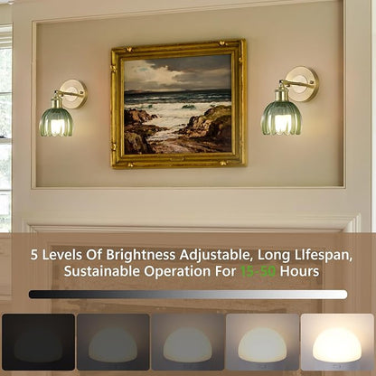 Vintage Battery Operated Wireless Wall Sconces, Rechargeable Gold Wall Lights，Green Tulip Glass Lampshad With Remote Dimmable Wall Lighting Indoor, Led Wall Lamp Fixtures For Bedroom, Living Room