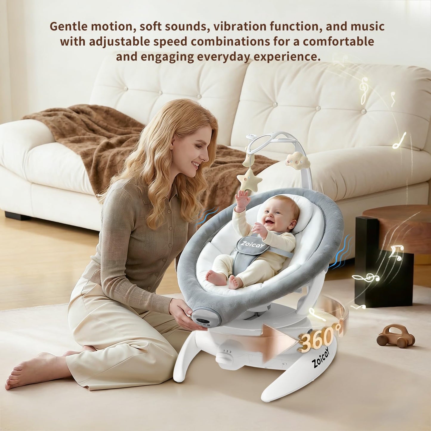 Baby Swing, 3-in-1 Baby Swings for Infants with Motion Detection & Vibration Comfort, 360° Rotating Electric Baby Swings with 5 Speeds & 3 Swing Modes, Infant Swing for Baby with 12 Preset Melodies