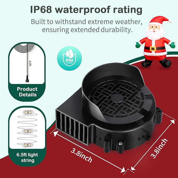 2-Pack Inflatable Fan Replacement, 0.8A Air Fan Blower with 1.0A Adapter and 3 LEDS Bulbs Light Strings for Halloween, Thanksgiving and Christmas Inflatables (IP68 Waterproof, 3.8 * 3.8'')