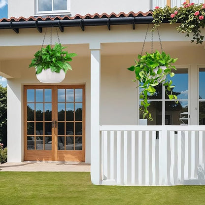 Set of 2 11 Inch White Self Watering Hanging Planters for Indoor Outdoor Plants, Thickened Hanging Flower Pots with Drainage Hole & Plug and 20" Chain Hanger