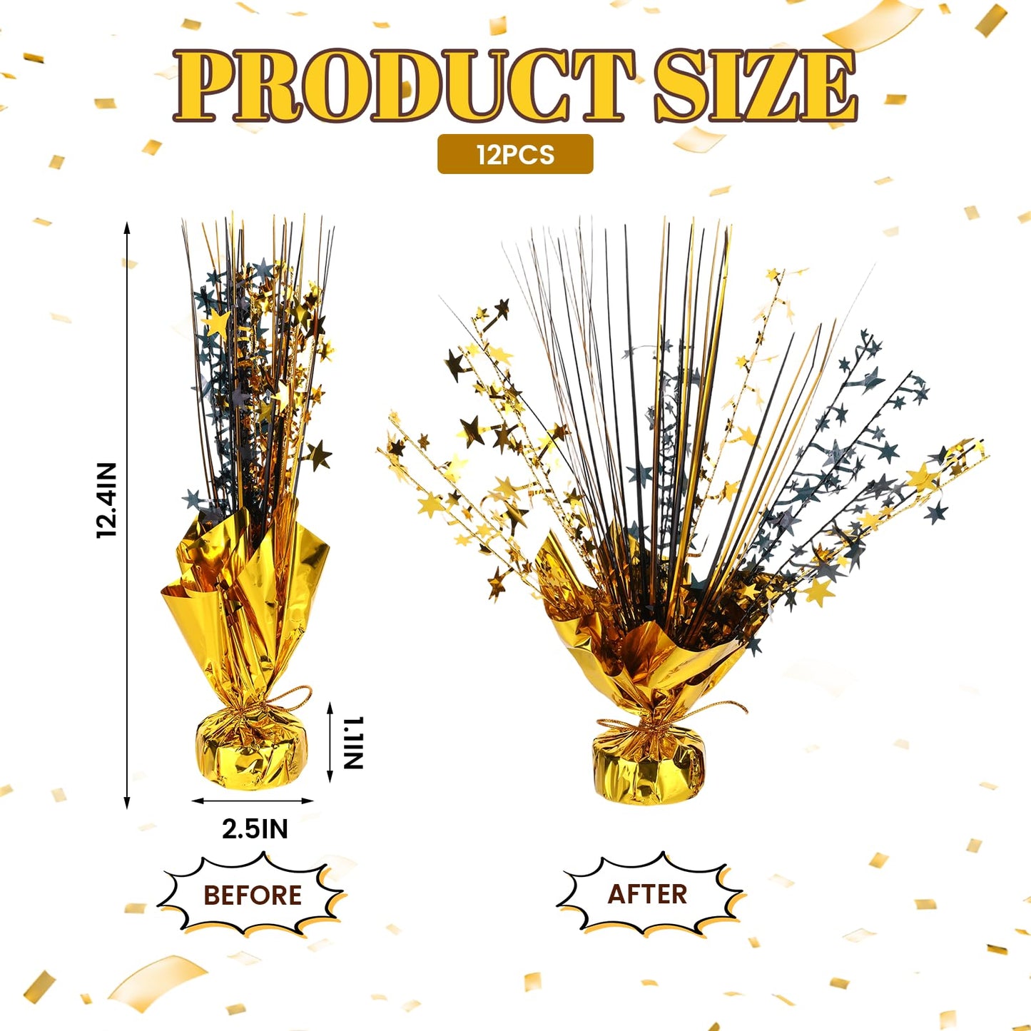 12 Pack Metallic Foil Spray Star Centerpieces for Tables, Black and Gold Party Decorations for Wedding Birthday Baby Shower Bachelorette Retirement New Years Party Table Decorations