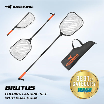 KastKing Brutus Fishing Net with Boat Hook, Foldable, Extendable, Lightweight & Strong Fish Landing Net, Non-Slip & Bright Orange TPR Handle, Fishing Gift for Men
