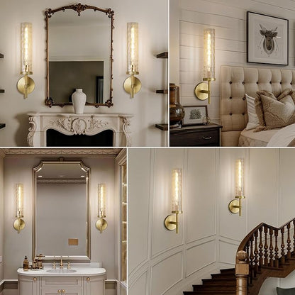 Gold Sconces Wall Lighting 19.48" with Rippled Glass Shade, Solid Knurled Brass Wall Sconces, Vintage Industrial Sconce Lamps for Bedroom Bathroom Entryway & Staircase Mirror Decor(Including Bulb)