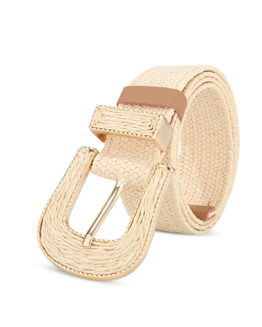 AWAYTR Womens Boho Woven Belt - Easy Care Plastic Elastic Belt with Handmade Raffia Buckle for Daily Vacation Work,Beige,Fit Waist 31''-36''