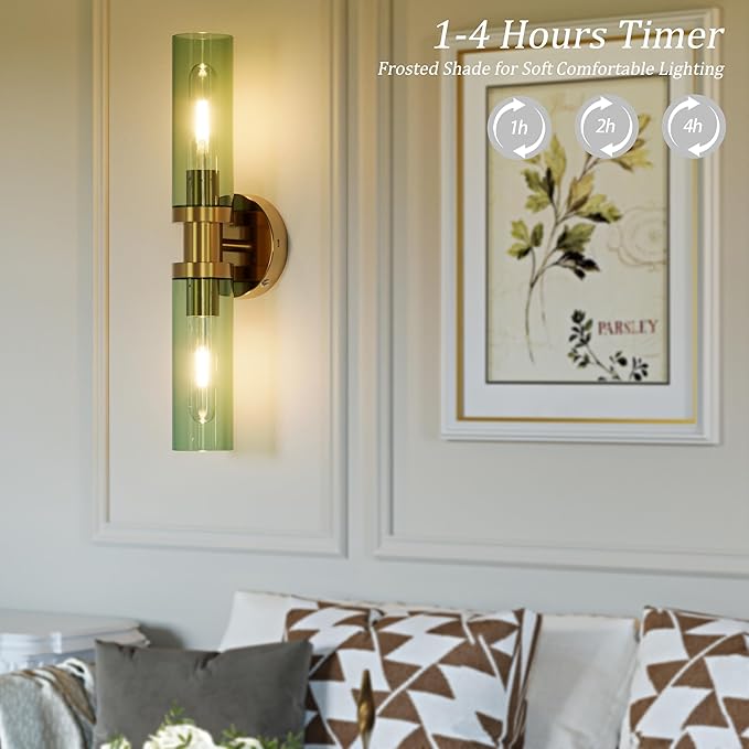 Rechargeable Battery Wall Sconce Set of Two, 8000mAh Cordless, Dimmable, Timer, Remote, Touch Control, USB-C Charging for Living Room, Bedroom Gold with Green Lampshade (Include 4 Special Bulbs)