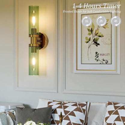 Rechargeable Battery Wall Sconce Set of Two, 8000mAh Cordless, Dimmable, Timer, Remote, Touch Control, USB-C Charging for Living Room, Bedroom Gold with Green Lampshade (Include 4 Special Bulbs)