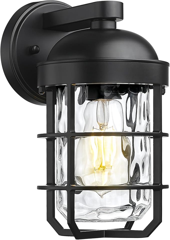 Emliviar 1-Light Porch Wall Lantern with Metal Cage, Outdoor Sconce Wall Mounted Lighting with Water Ripple Glass, Matte Black Finish, GE255BL BK-WG
