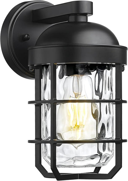 Emliviar 1-Light Porch Wall Lantern with Metal Cage, Outdoor Sconce Wall Mounted Lighting with Water Ripple Glass, Matte Black Finish, GE255BL BK-WG