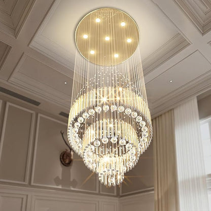 Flashing God D24''XH86'' Modern Foyer Chandelier for High Ceiling Raindrop Crystal Chandelier High Ceiling Pendant Light Fixture for Hallway Living Room (Gold Staircase Chandeliers)