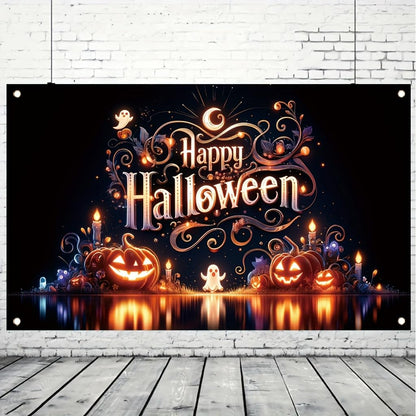 Tomhong Halloween Pumpkin Ghost Light 71x43 Inch Large Party BannerSpooky Jack O Lantern Haunted House Wall Hanging for Trick or Treat Night Indoor OutdoorHoliday Decoration
