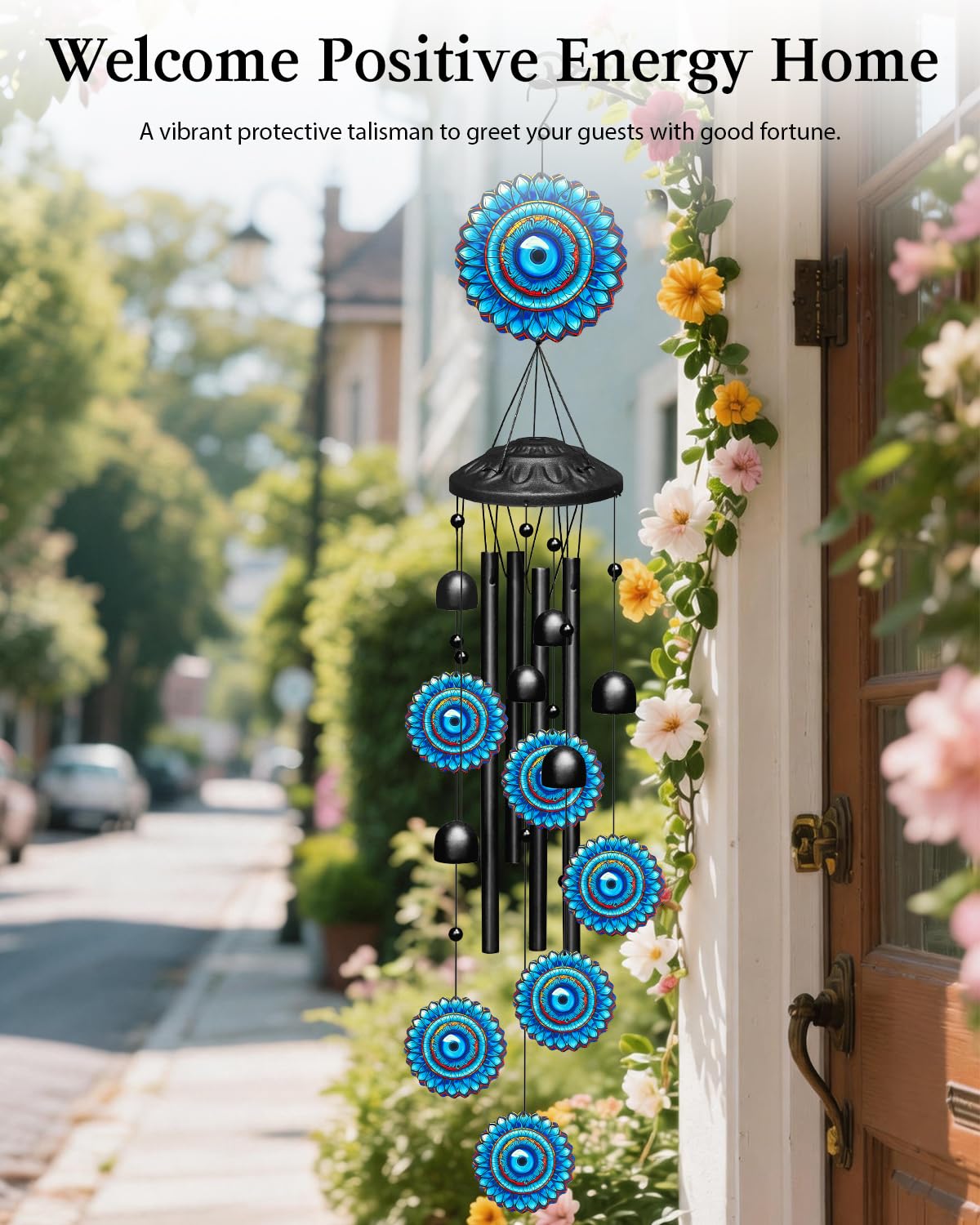 Evil Eye Wind Chimes for Outside Boho Decor, Large 35.4" Anti-Tangle Clapper-Free Tube Windchime, Radiant Sunflower Mandala Patio Ornament, Soothing Melodic Metal Bells for Garden, Yard, Balcony