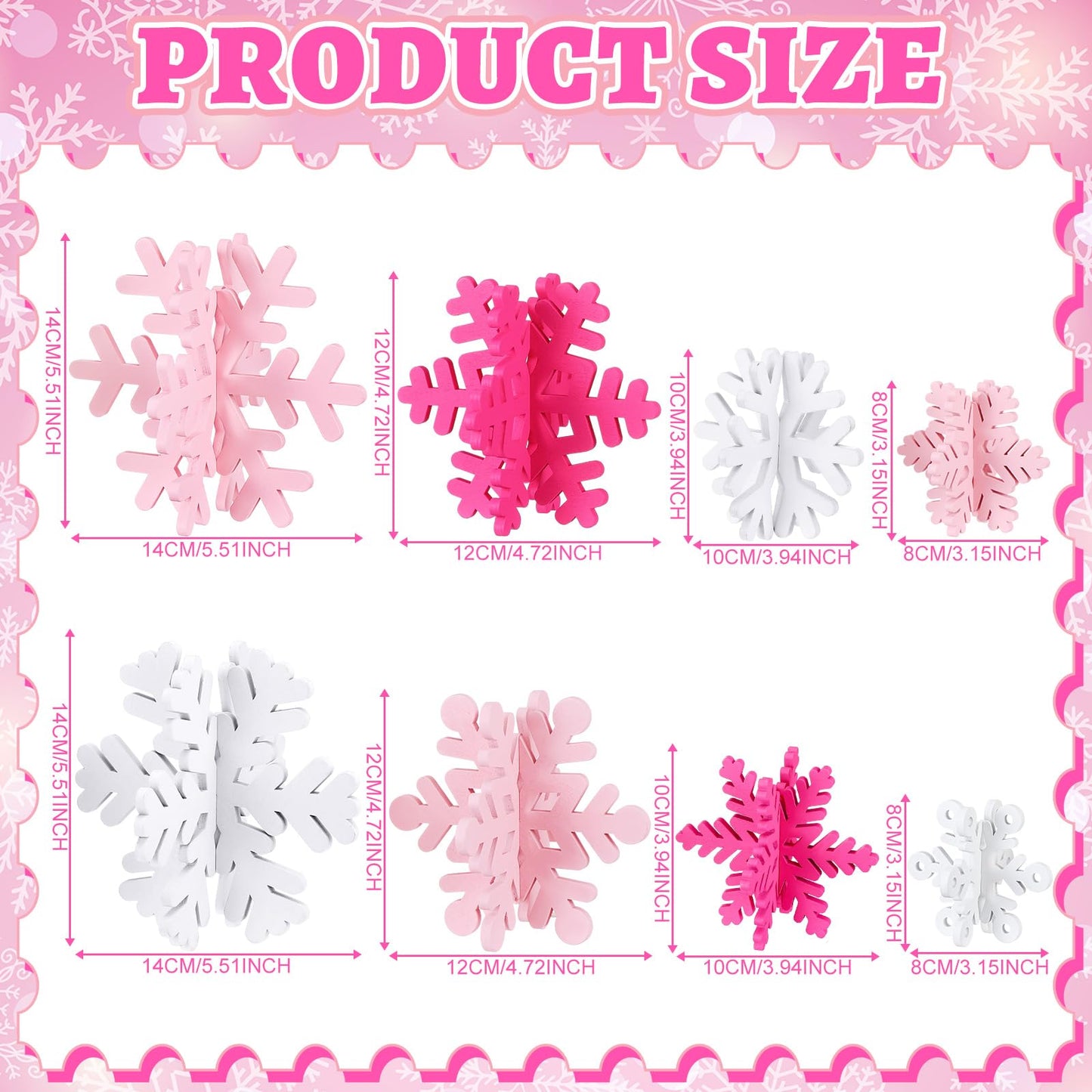 Wenqik 16 Pcs Winter Wooden Snowflake Decor Christmas Winter Snowflake Tabletop Decorations 3D Snow Table Signs Standing Centerpiece Xmas Tiered Tray Decorations for Party(White,Pink)