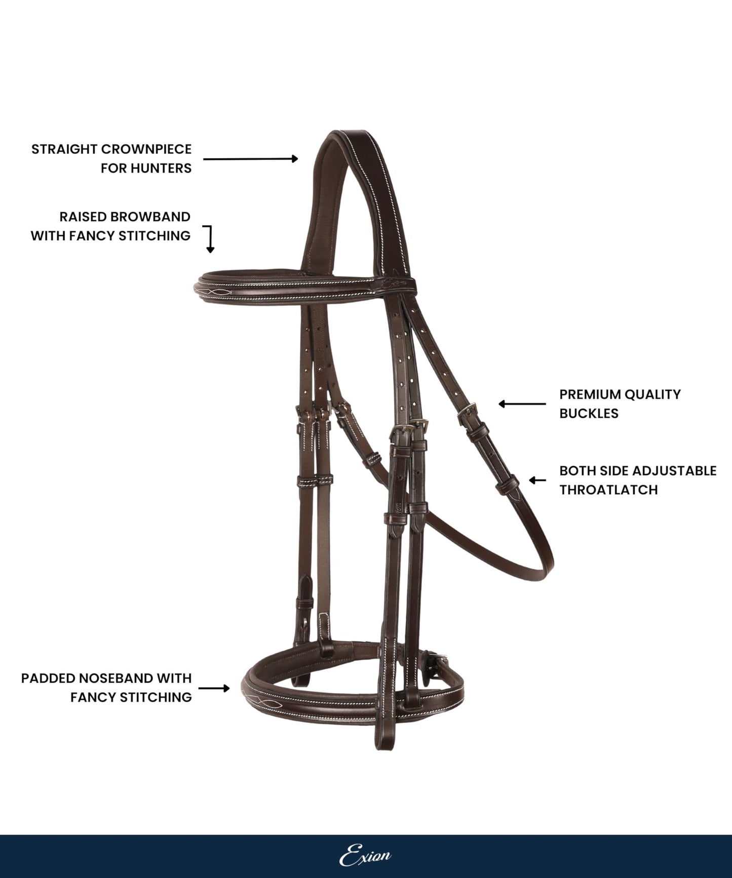 Exion English Hunter Bridle with Designer Stitched Browband & Hunter Noseband – Anatomical Mono Crownpiece, Padded Noseband, Rubber Reins – Horse, Cob, Pony, Oversize – Black, Havana, Oak Brown
