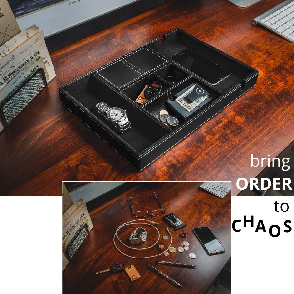 ULTRAY, Valet Tray for Men, Nightstand Organizer, Entry Table Organizer, Catch All, Black Faux Leather Box, 6 Compartments