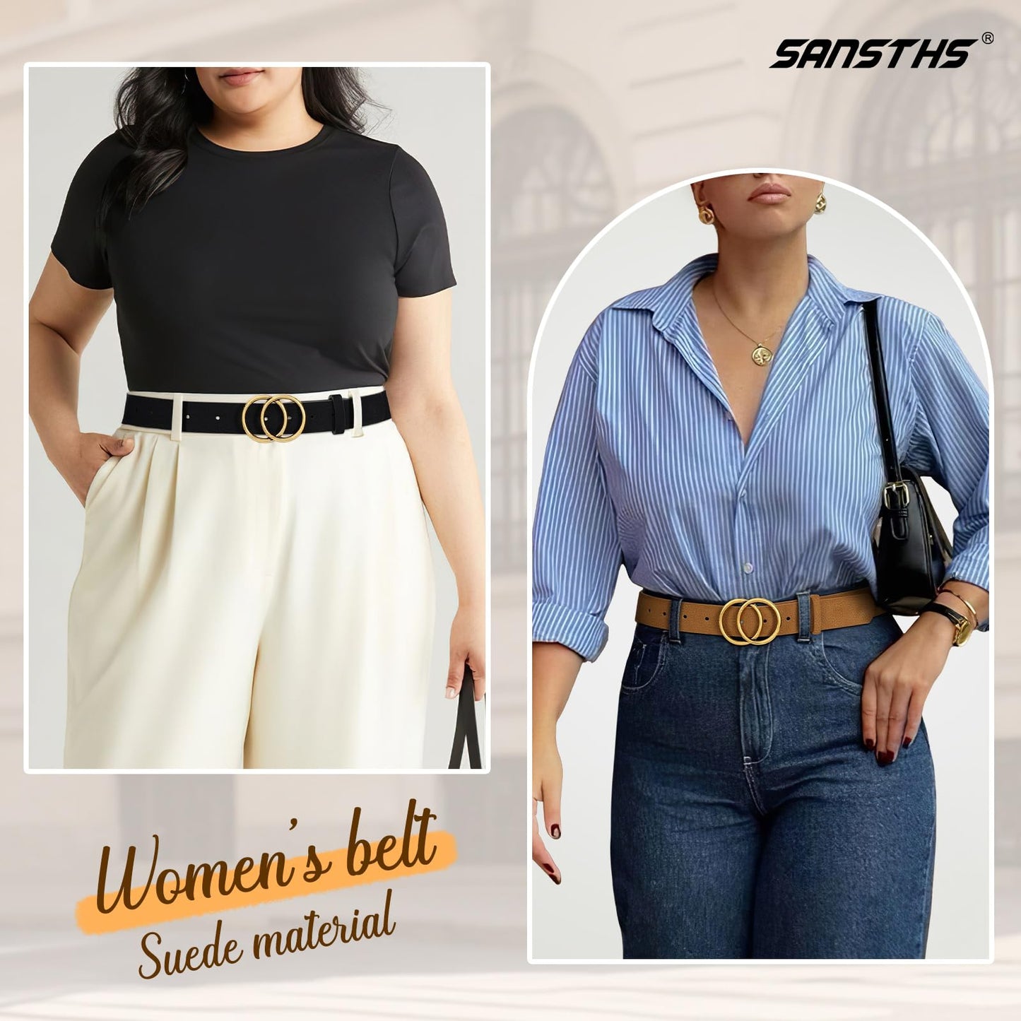 SANSTHS 2 Pack Women Leather Belts Faux Leather Jeans Belt with Double O Ring Buckle, Black&Brown M