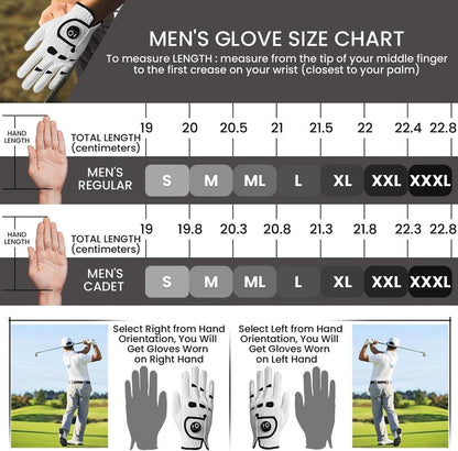 FINGER TEN Men’s Golf Gloves Left Hand Right with Ball Marker 2 Pack, Weathersof Grip Soft Comfortable, Fit Size Small Medium ML Large XL (Cadet S, Worn on Left Hand)