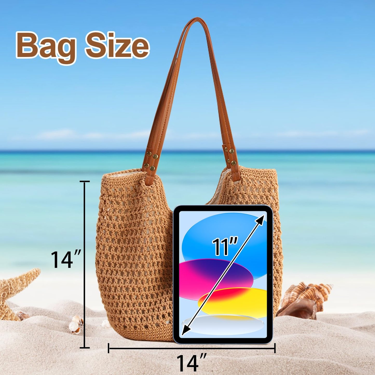 Peicees Crochet Beach Bag Purse, Boho Woven Tote with Leak-Proof Lining For Summer Vacation Travel Casual Shoulder Bag Soft