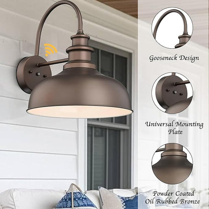 Bestshared 16 Inch Dome Large Dusk to Dawn Sensor Gooseneck Barn Light Anti-Rust Farmhouse Outdoor Wall Sconce Industrial Exterior Wall Lighting Fixture, Outside Lantern G (ORB+White, 16” Dome-1Pack)