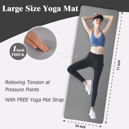 Fitvids Yoga Mat 1-Inch Extra Thick High-Density Exercise Mat with Non-Slip Surface & Carry Strap for Men & Women Tear-Resistant Pilates Workout Mat for Home Gym, Floor Fitness