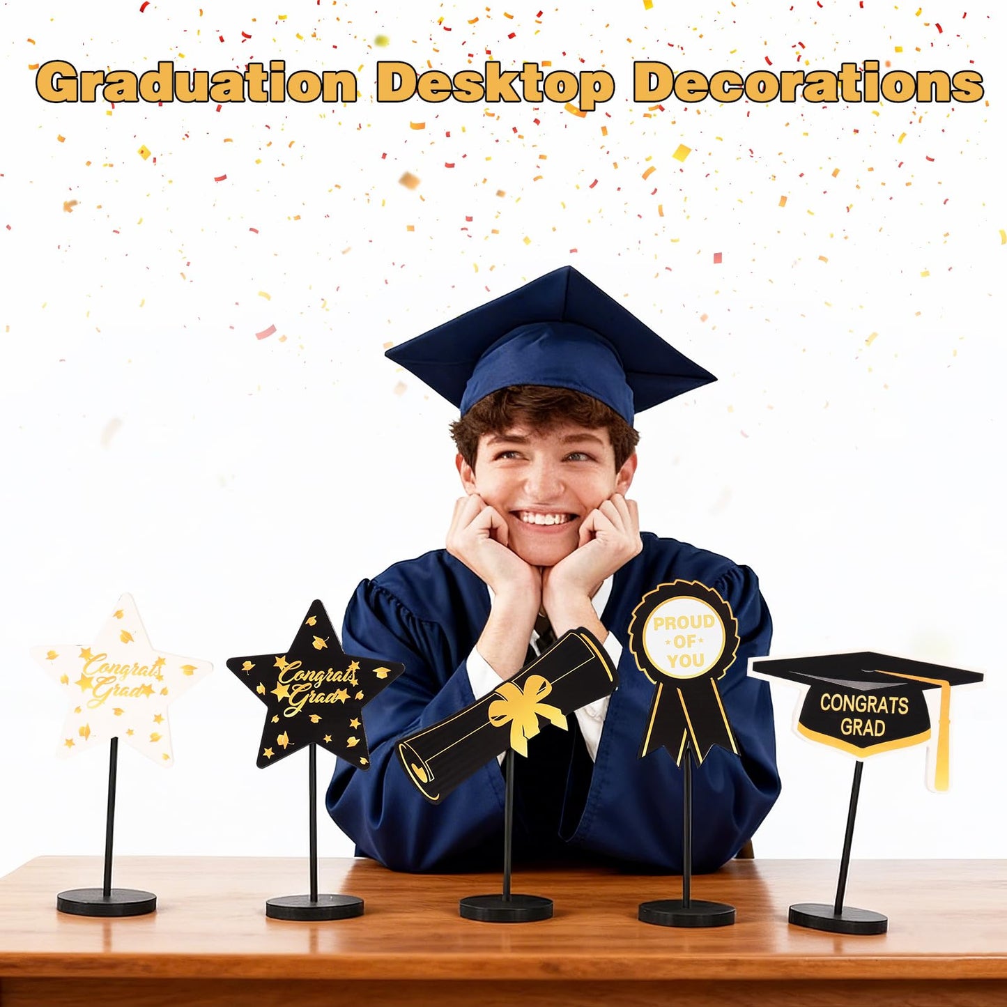 2026 Graduation Decorations, 5Pcs Black Gold White Wooden Table Centerpieces Decor Include Grad Cap Diploma Star Supplies Medal Sign, of Congrats Graduation Day Class Party Decoration.