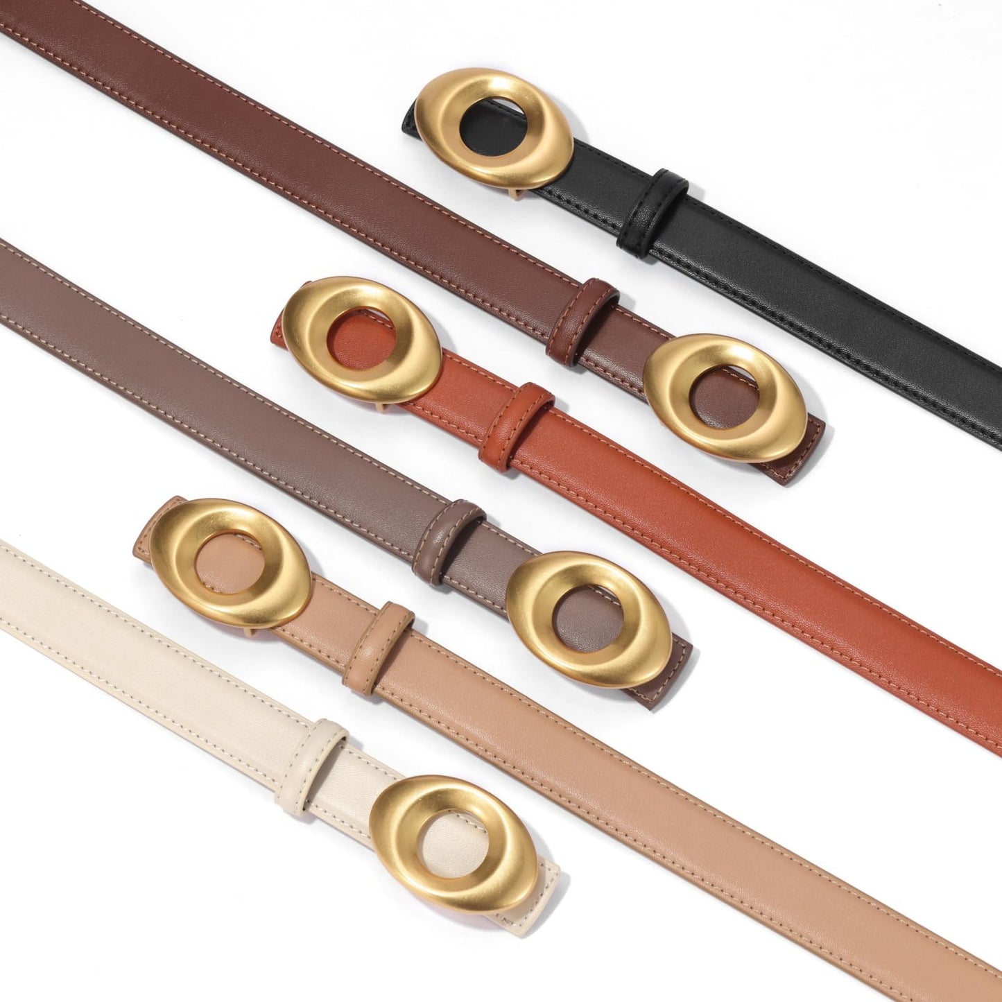 KONQUWA Women's Elegant Casual Genuine Leather Belt with Matte Oval Vintage Gold Buckle for Jeans Pants Dresses (Khaki/Vintage Gold Buckle,30″-39″)