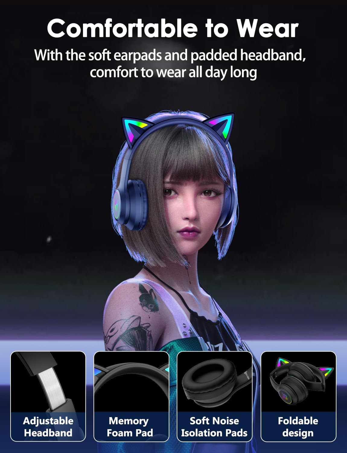 ONITOON Cat Ear Bluetooth Headphones for Kids & Adults, 55H Play Time, Wireless Foldable & Wired Multi-Function LED Light Up Over Ear Headphones with Mic and Volume Control for iPhone/iPad/Laptop/PC