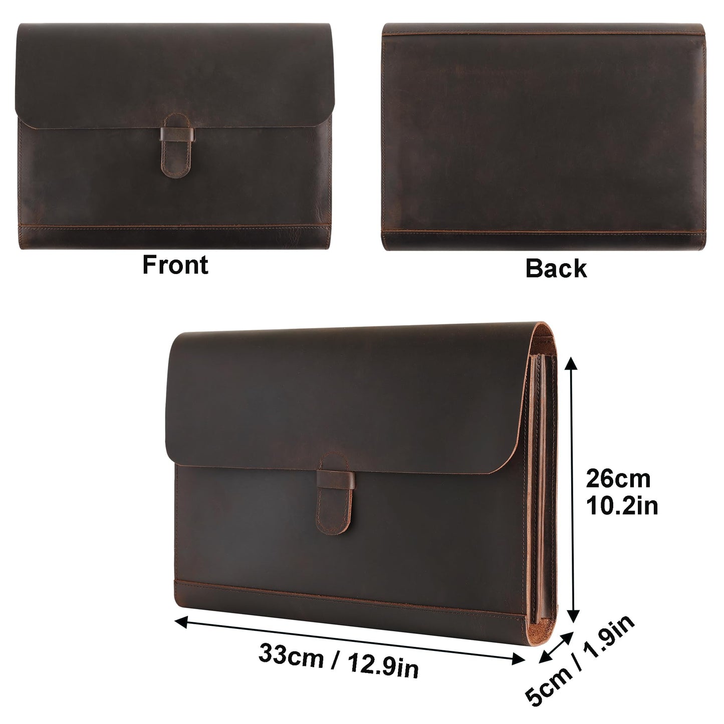 Genuine Leather File Folder, Accordian File Organizer, Leather Document Holder Resume Folio for Men & Women - Dark Brown