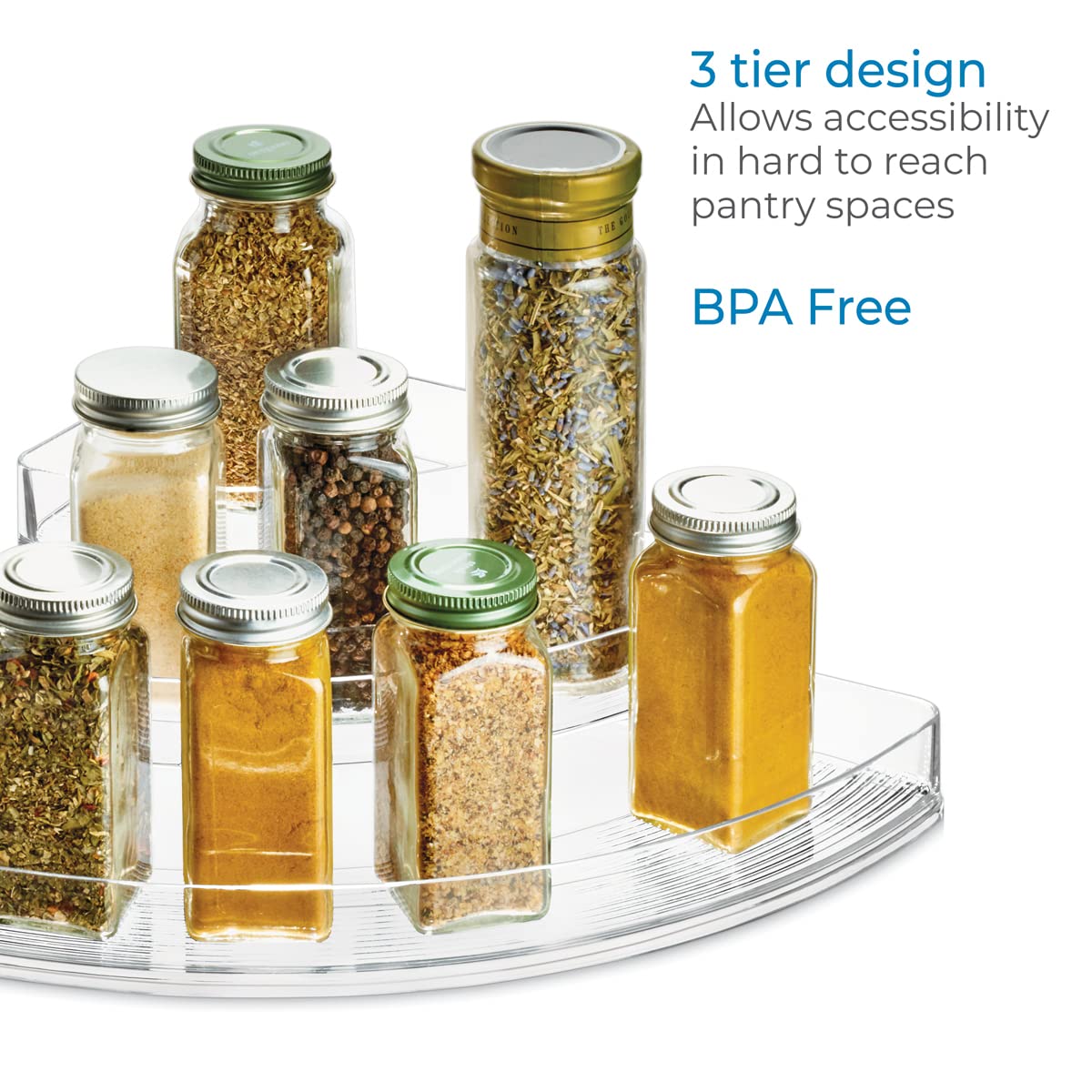 iDesign Recycled Plastic 3-Tier Stadium Spice Rack Organizer for Kitchen, Fridge, Freezer, Pantry and Cabinet Organization, The Linus Collection – 6.25" x 4" x 1.25", Clear