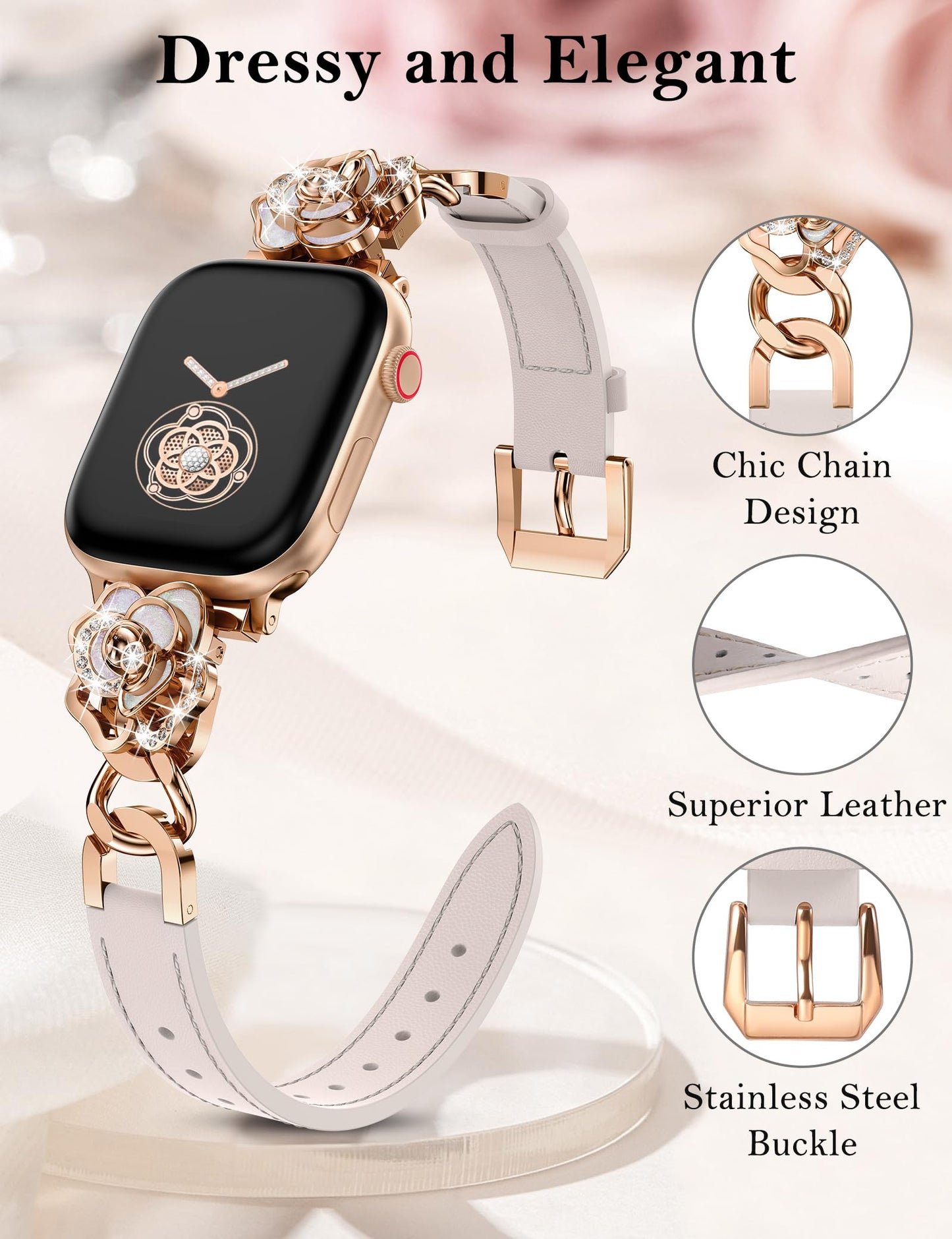 Minyee Compatible with Apple Watch Band 38/40/41/42mm Women, Dressy Elegant Leather Metal Chain Strap with Bling Camellia Charms for iWatch Series 11 10 9 8 7 6 5 4 SE/Ultra 3 2 1,Starlight/Rose Gold