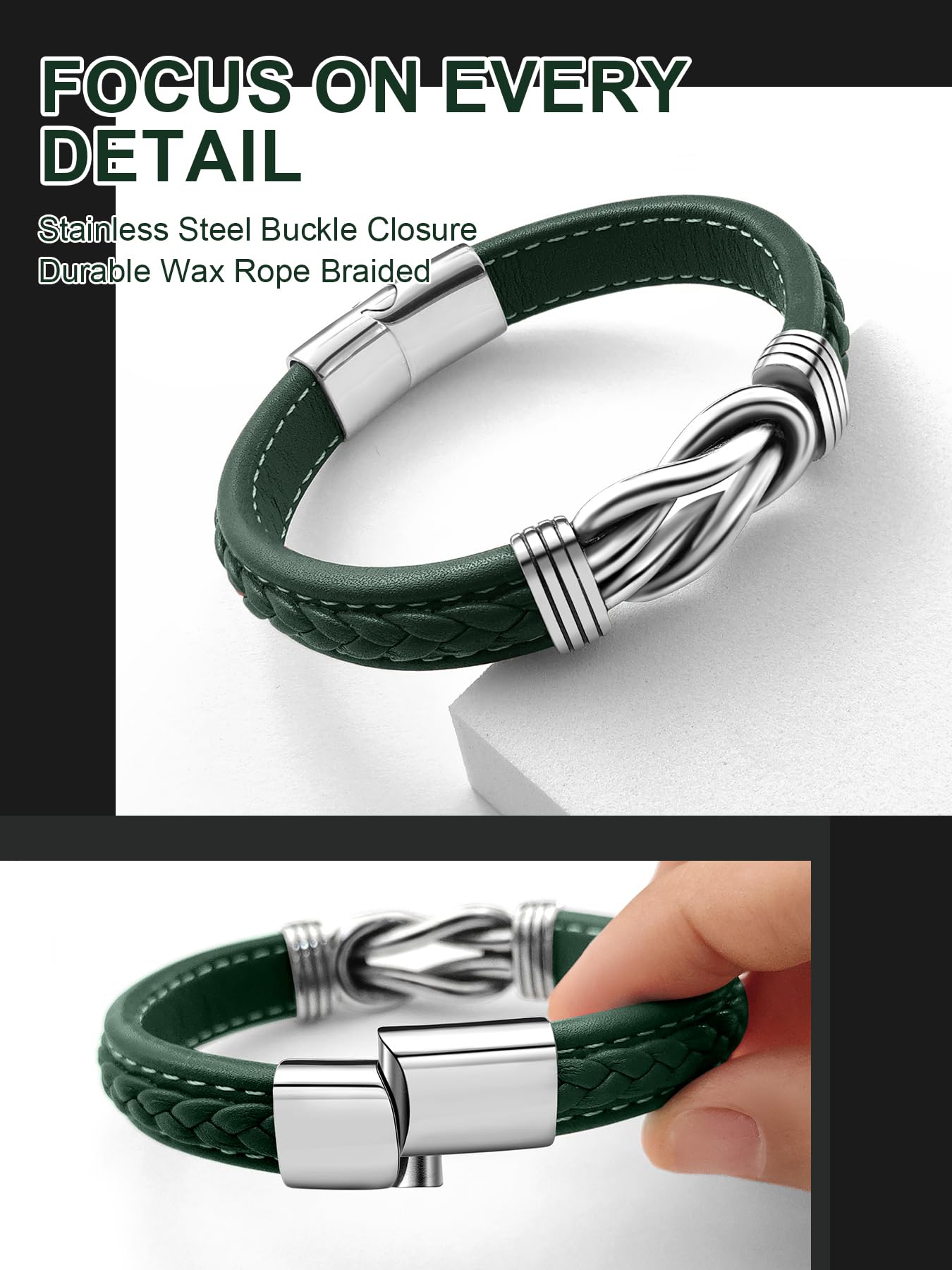 Oaldilee Mens Braided Leather Bracelet, Green Wax Rope Braided Leather Infinity Knot Bracelets for Men with Steel Clasp, 7.5in Length