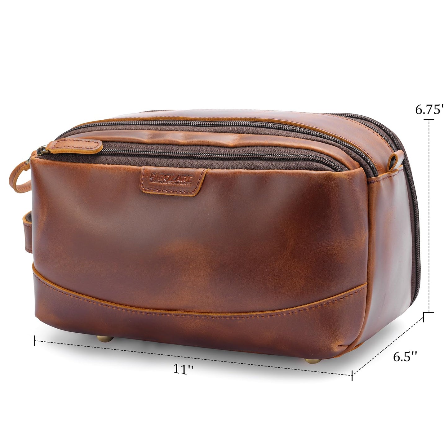 Polare Full Grain Leather Toiletry Bag for Men Large Travel Cosmetic Case Dopp Kit Shaving Kit Wash Pouch with YKK Zippers (Brown)