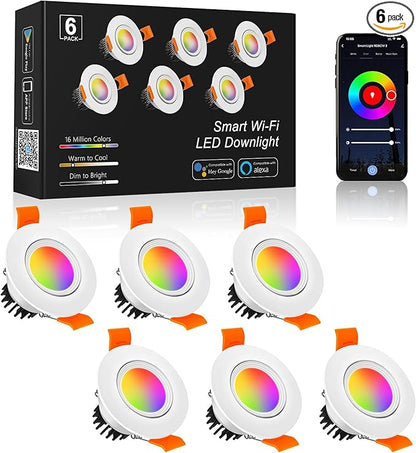 6 Pack 2 Inch Smart LED Recessed Lighting, 5W WIFI Recessed LED Lights, Dimmable RGB & CCT 2700-6500K Color Changing, 110V Recessed Light Compatible with Alexa and Google Home, with LED Driver